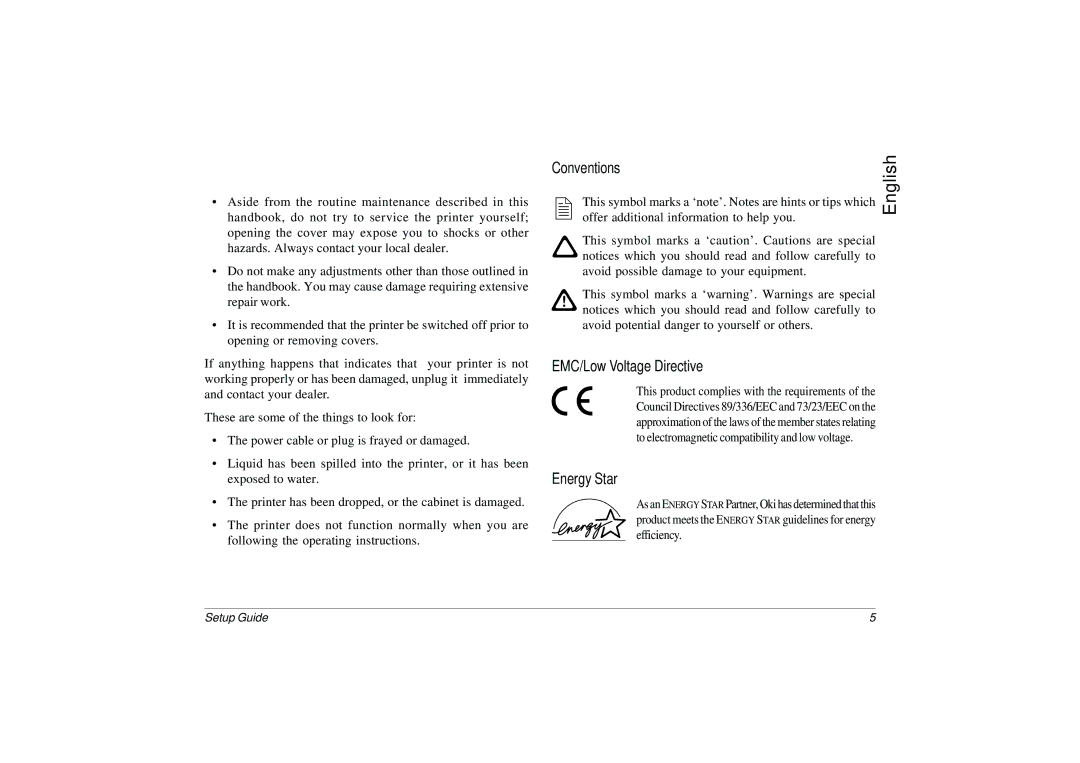 Oki PAGE 8W, PAGE 8P setup guide Conventions, EMC/Low Voltage Directive, Energy Star 