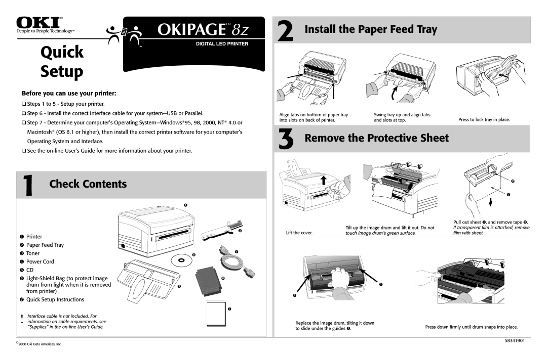 Oki PAGE 8Z manual Install the Paper Feed Tray, Remove the Protective Sheet, Check Contents 