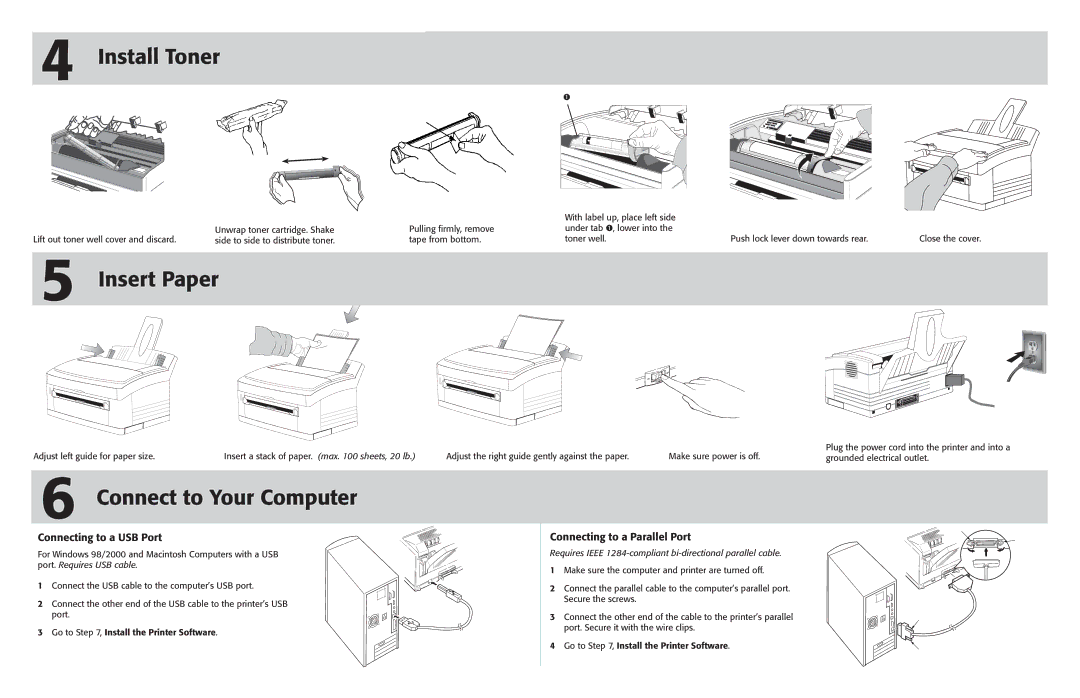 Oki PAGE 8Z Install Toner, Insert Paper, Connect to Your Computer, Connecting to a USB Port, Connecting to a Parallel Port 