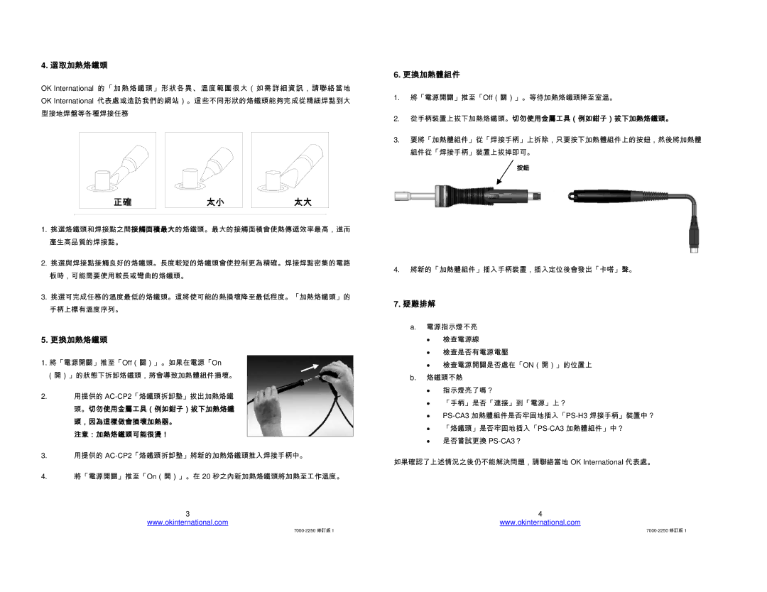 Oki PS-900 manual 選取加熱烙鐵頭, 更換加熱烙鐵頭, 更換加熱體組件, 疑難排解 