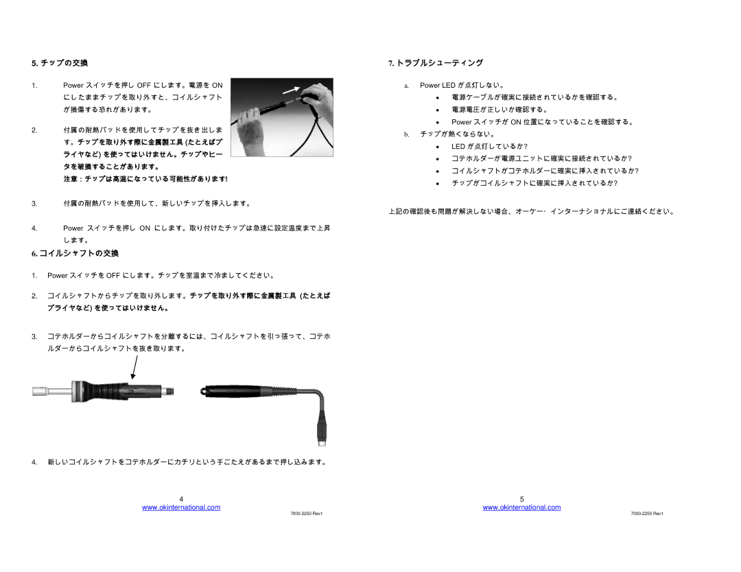 Oki PS-900 manual チップの交換, コイルシャフトの交換, トラブルシューティング, 注意：チップは高温になっている可能性があります 