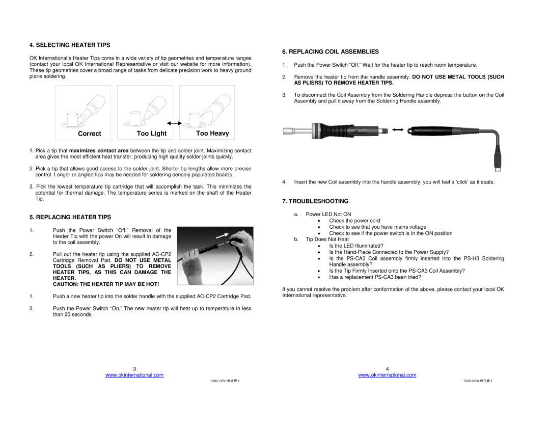 Oki PS-900 manual Selecting Heater Tips, Replacing Coil Assemblies, Replacing Heater Tips, Troubleshooting 