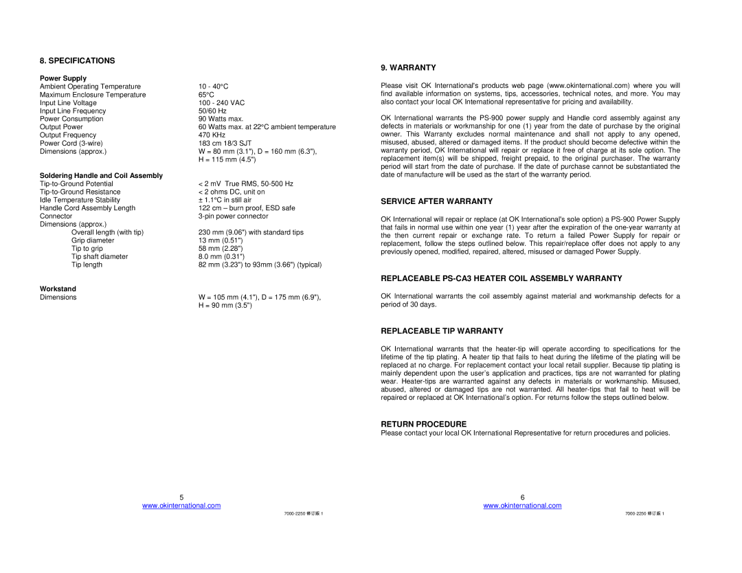 Oki PS-900 Specifications, Service After Warranty, Replaceable PS-CA3 Heater Coil Assembly Warranty, Return Procedure 