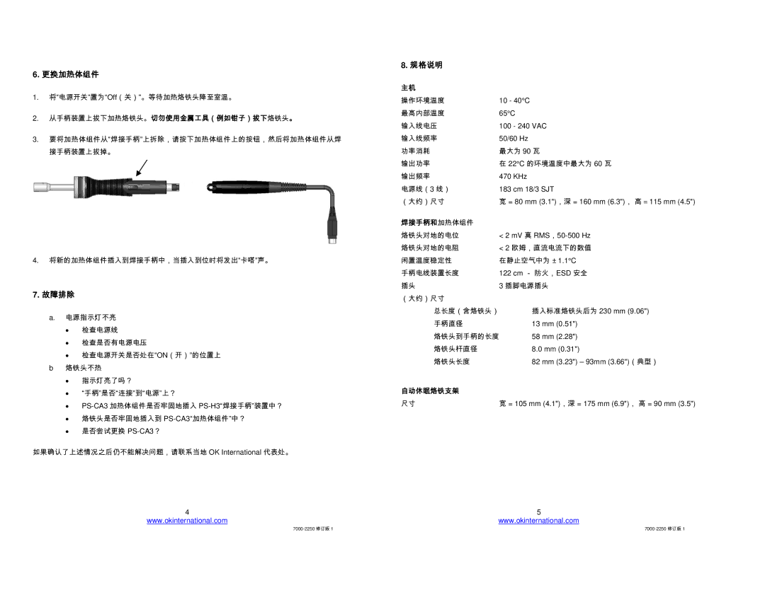 Oki PS-900 manual 更换加热体组件, 故障排除, 规格说明, 焊接手柄和加热体组件, 自动休眠烙铁支架 