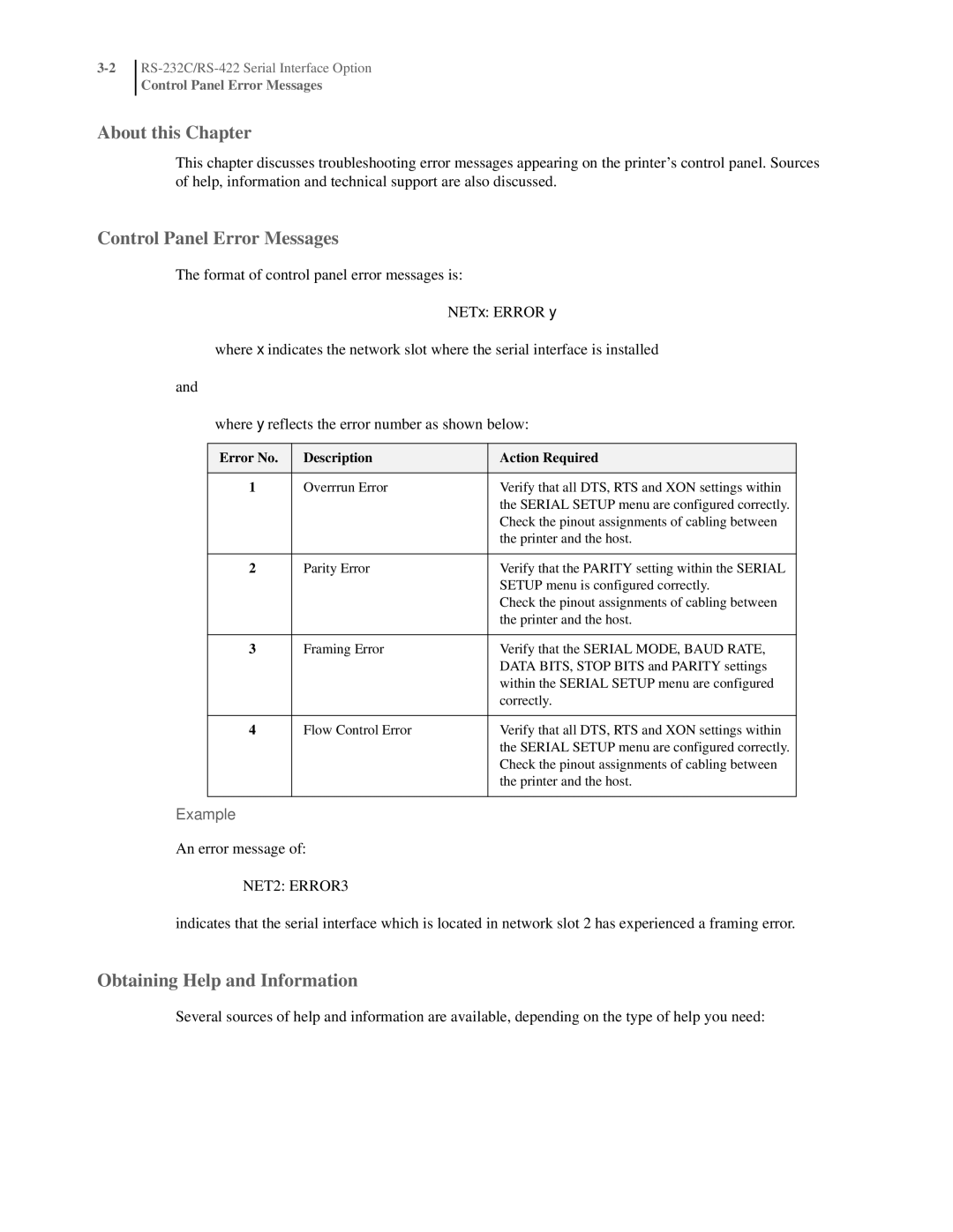 Oki RS-422 manual Control Panel Error Messages, Obtaining Help and Information 