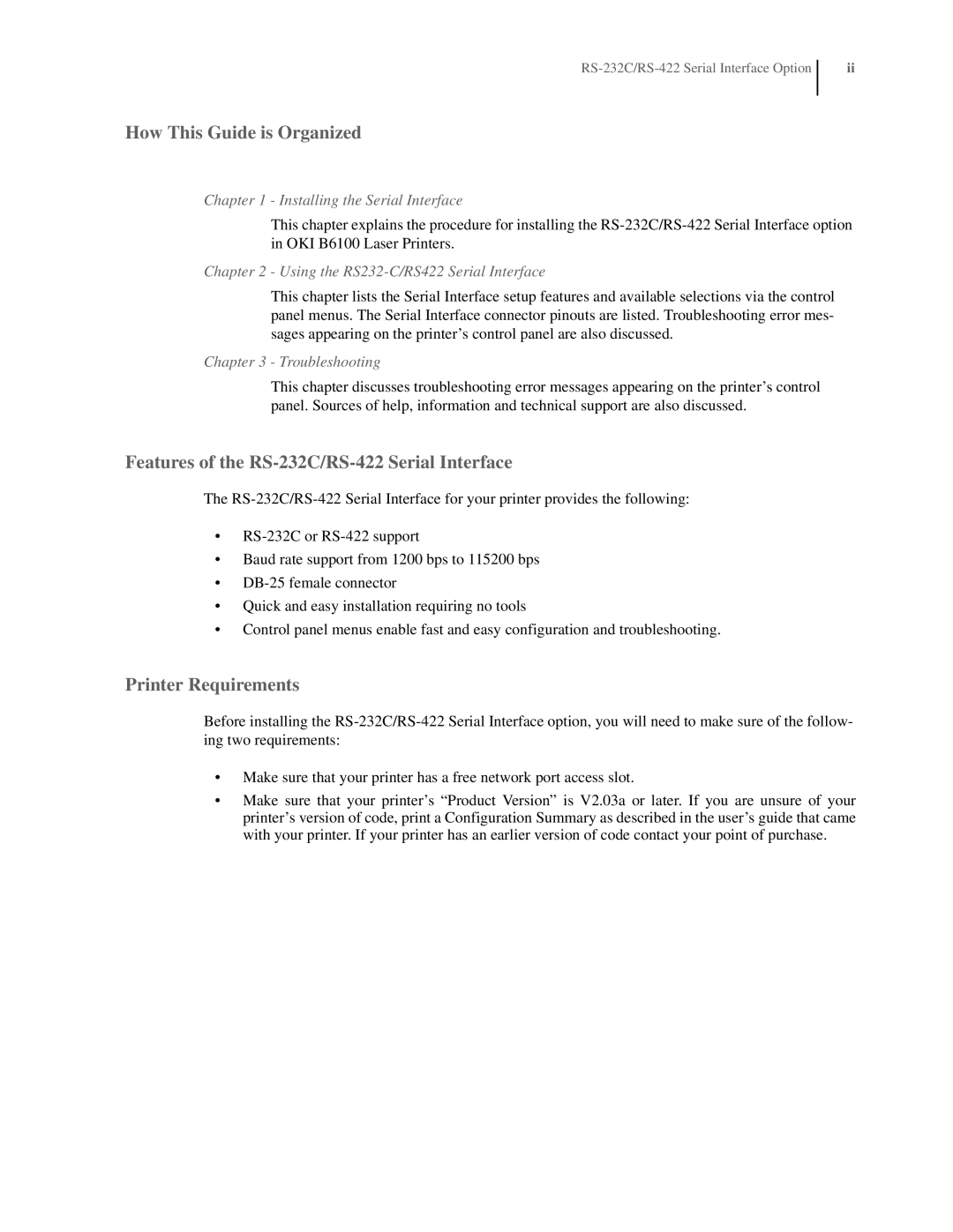 Oki manual How This Guide is Organized, Features of the RS-232C/RS-422 Serial Interface, Printer Requirements 