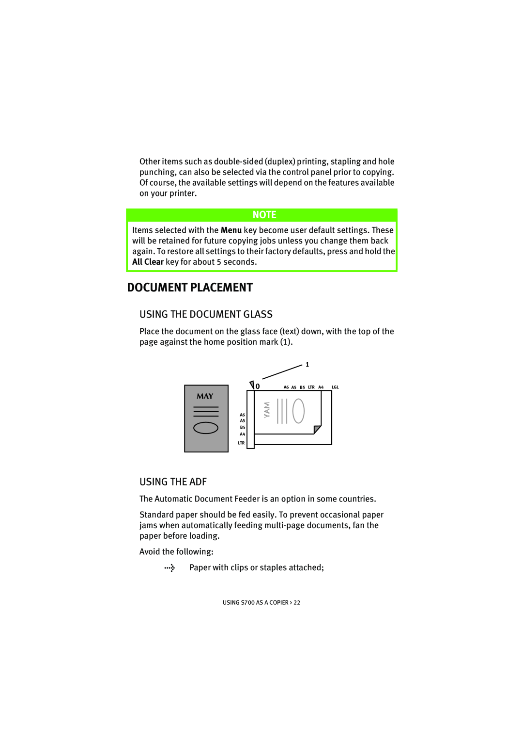 Oki S700 manual Document Placement, Using The Document Glass, Using The Adf 
