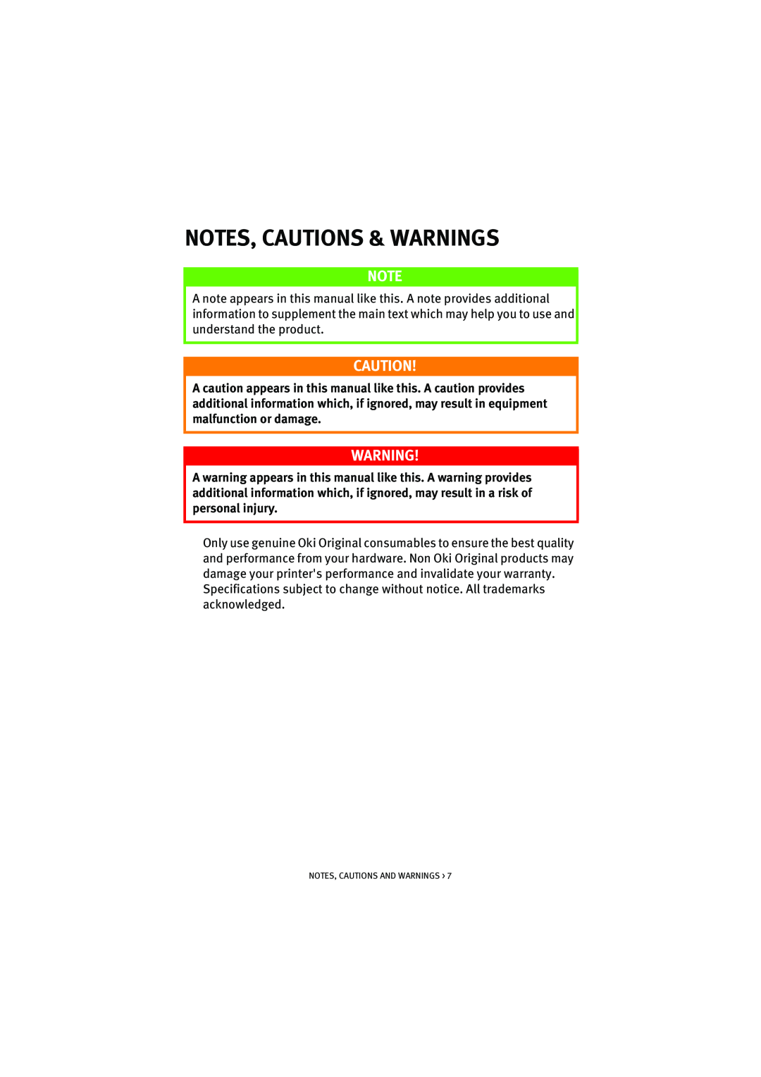 Oki S700 manual Notes, Cautions & Warnings, Notes, Cautions And Warnings 