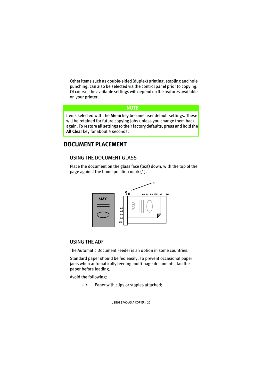 Oki S700 manual Document Placement, Using the Document Glass, Using the ADF 