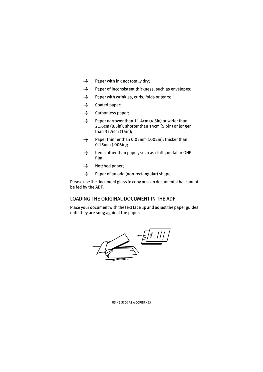 Oki S700 manual Loading the Original Document in the ADF 