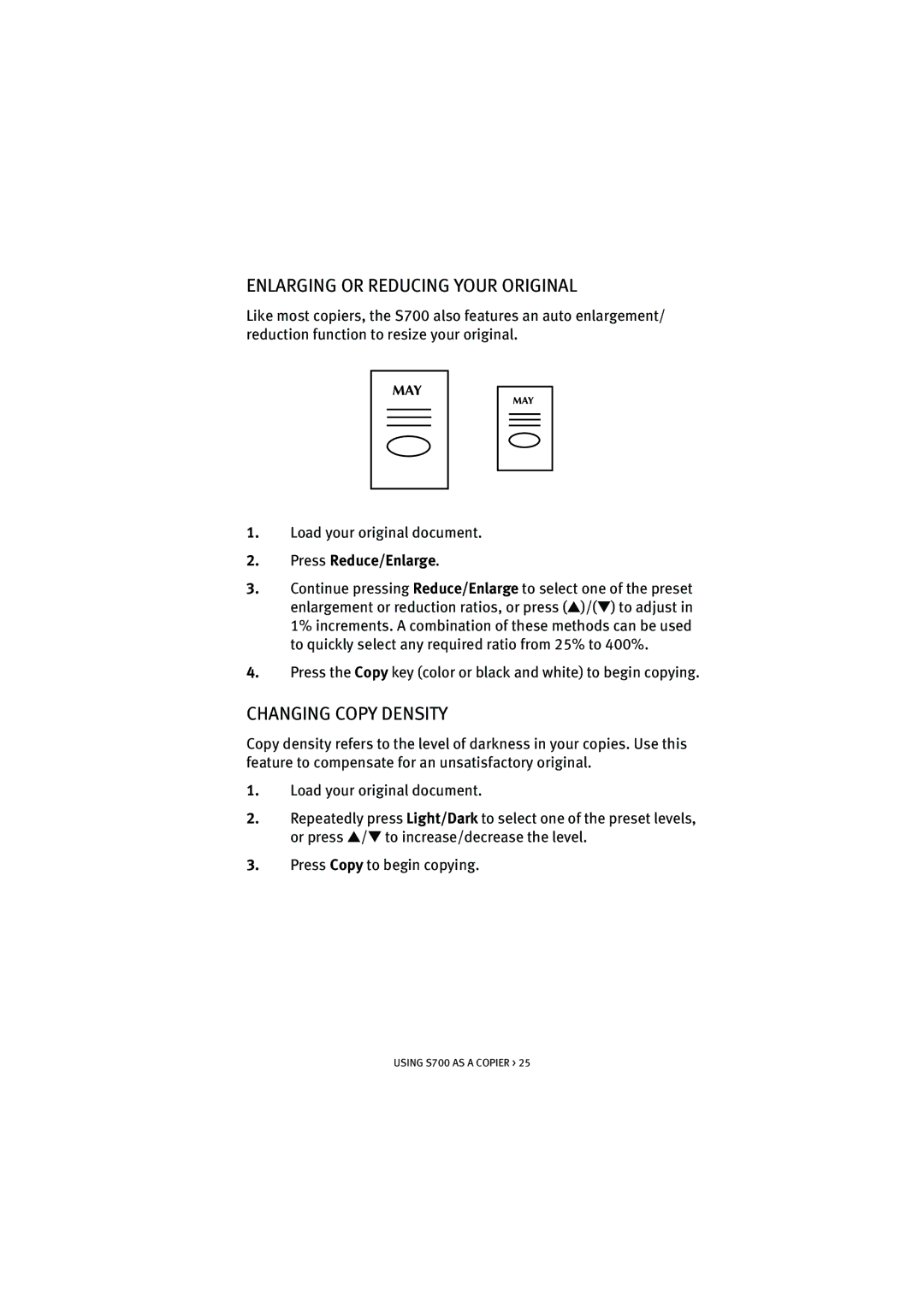 Oki S700 manual Enlarging or Reducing Your Original, Changing Copy Density 