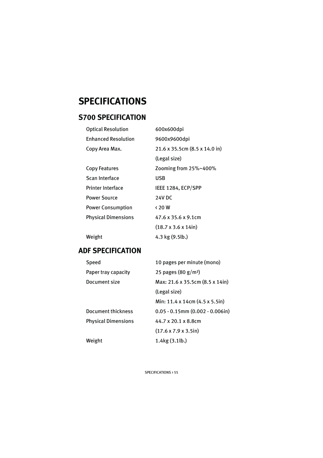 Oki manual Specifications, S700 Specification, ADF Specification 