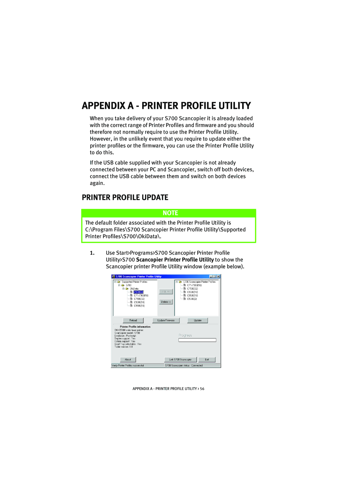 Oki S700 manual Appendix a Printer Profile Utility, Printer Profile Update 