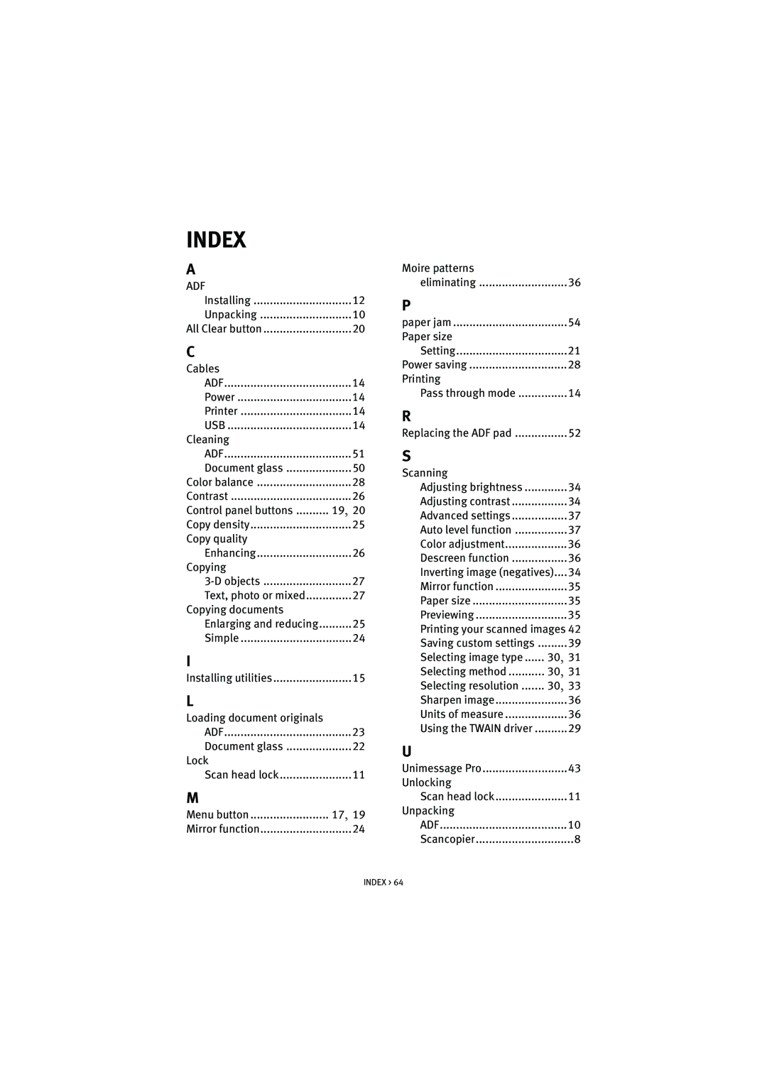 Oki S700 manual Index, Scanning 