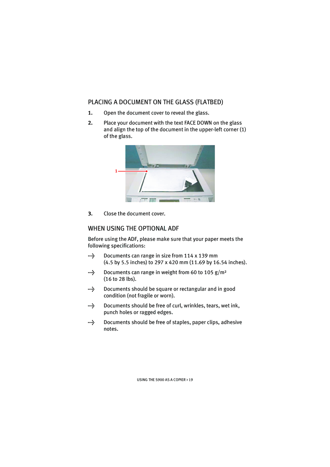 Oki S900 manual Placing a Document on the Glass Flatbed, When Using the Optional ADF 