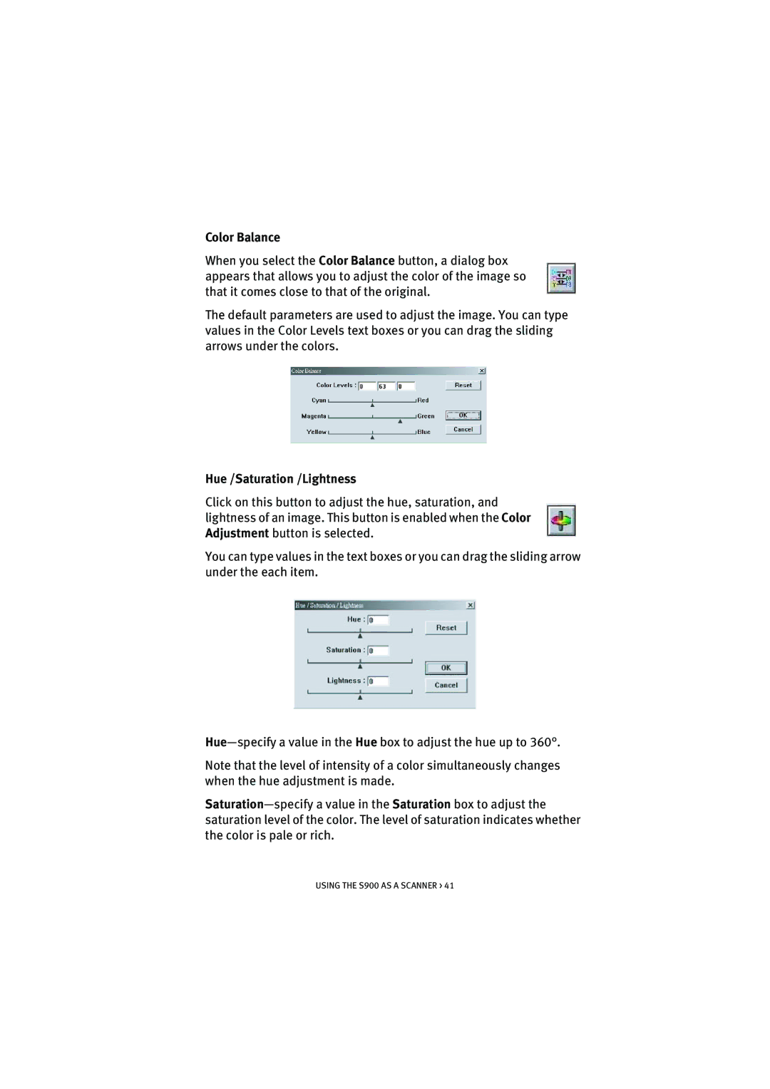 Oki S900 manual Color Balance, Hue /Saturation /Lightness 