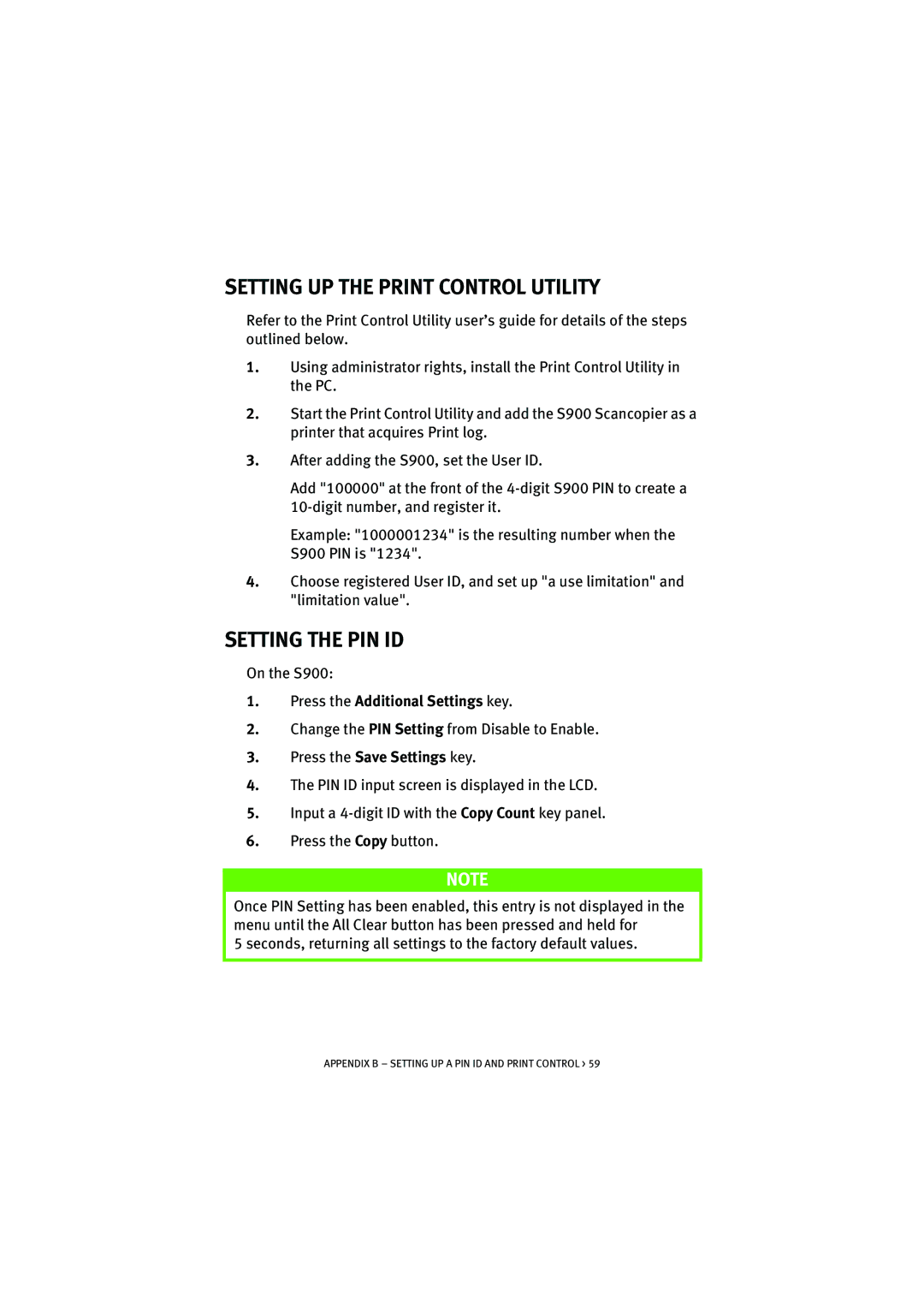 Oki S900 manual Setting UP the Print Control Utility, Setting the PIN ID, Press the Additional Settings key 