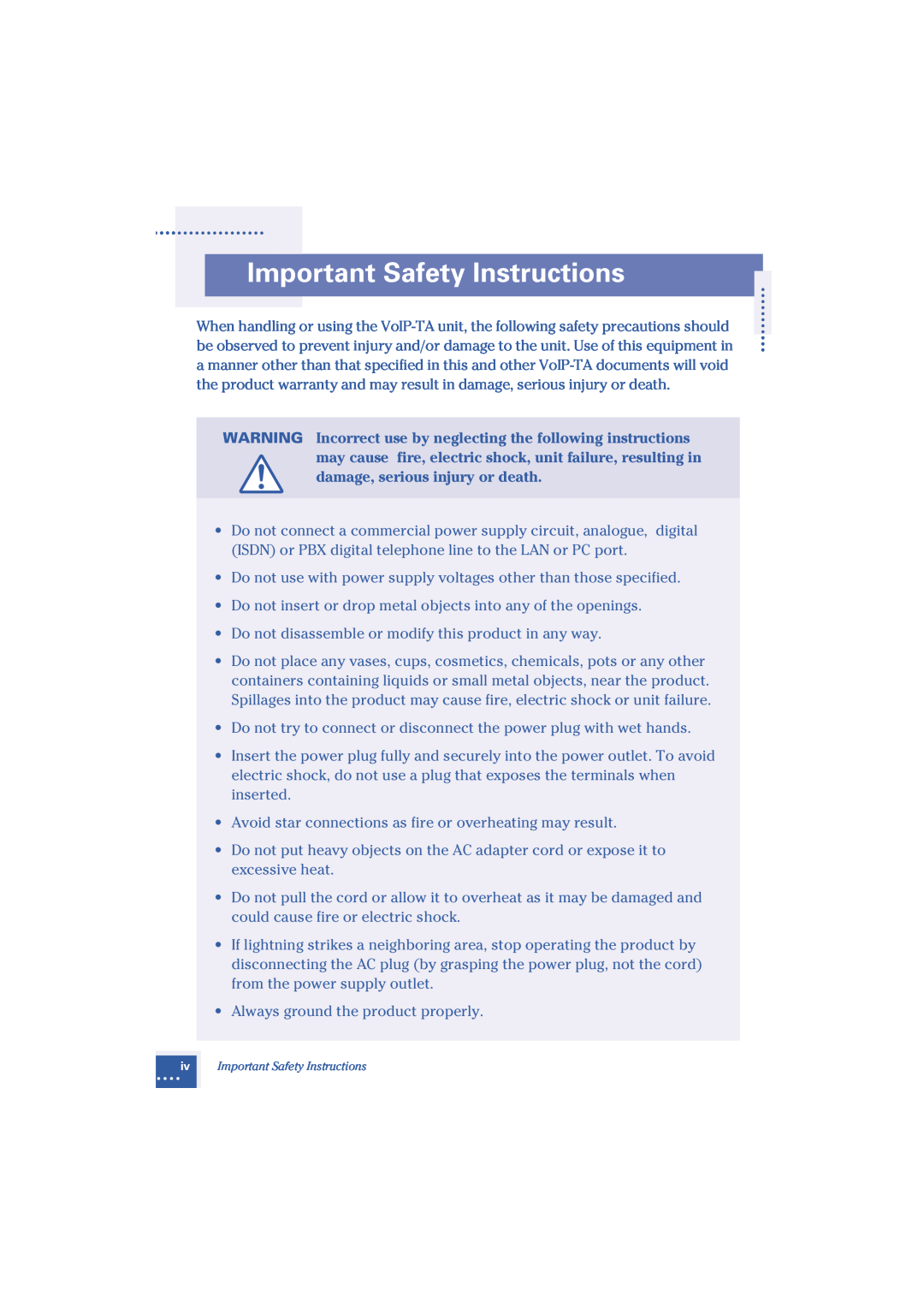Oki Telephony Adapter manual Important Safety Instructions 