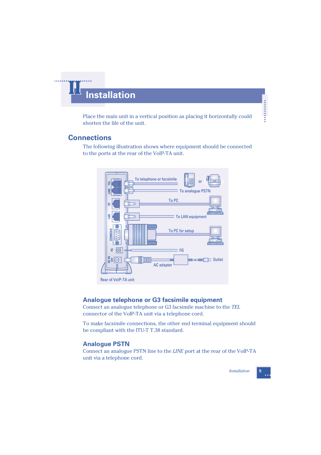 Oki Telephony Adapter manual II Installation, Connections, Analogue telephone or G3 facsimile equipment, Analogue Pstn 