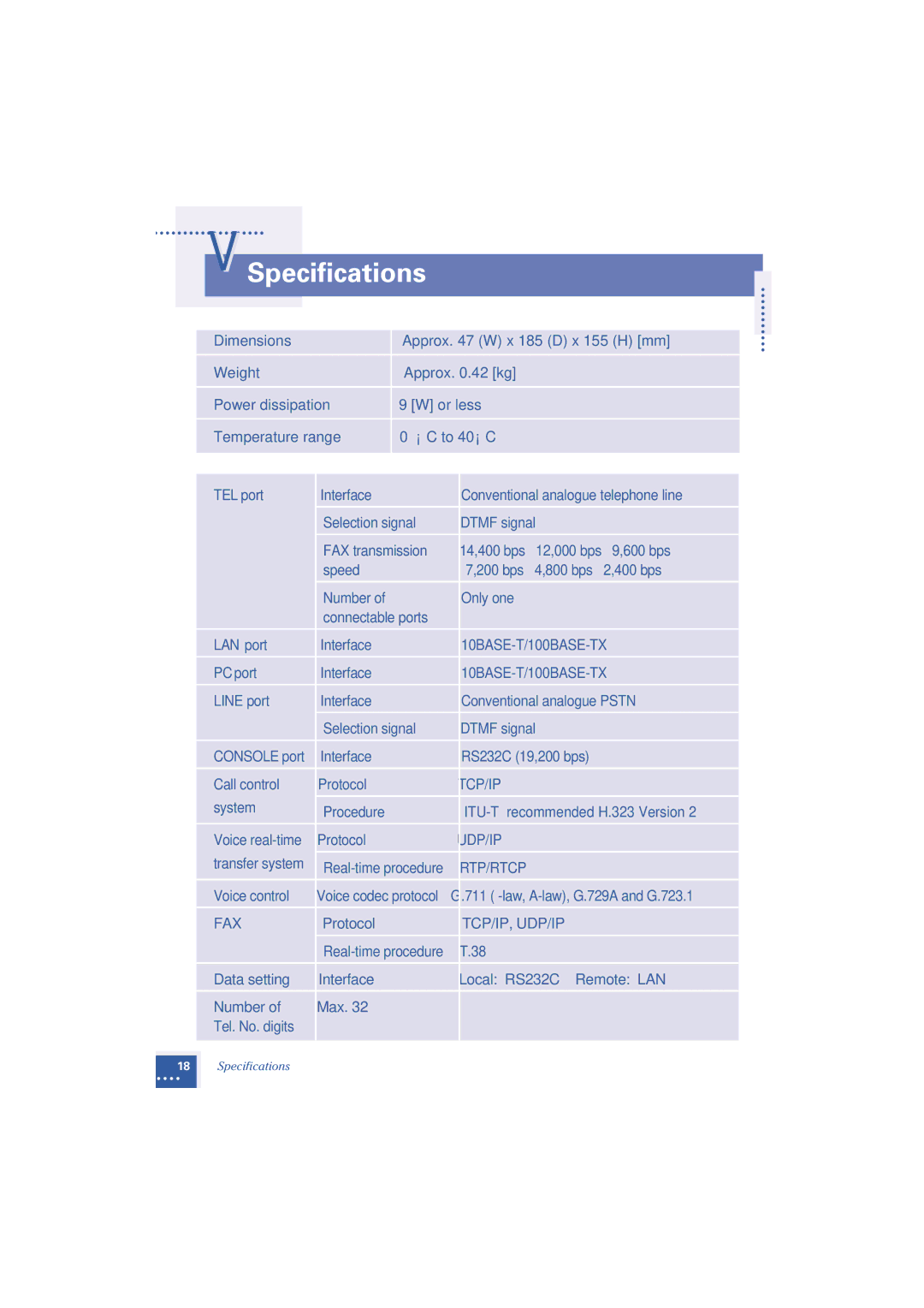 Oki Telephony Adapter manual Specifications, TEL port 