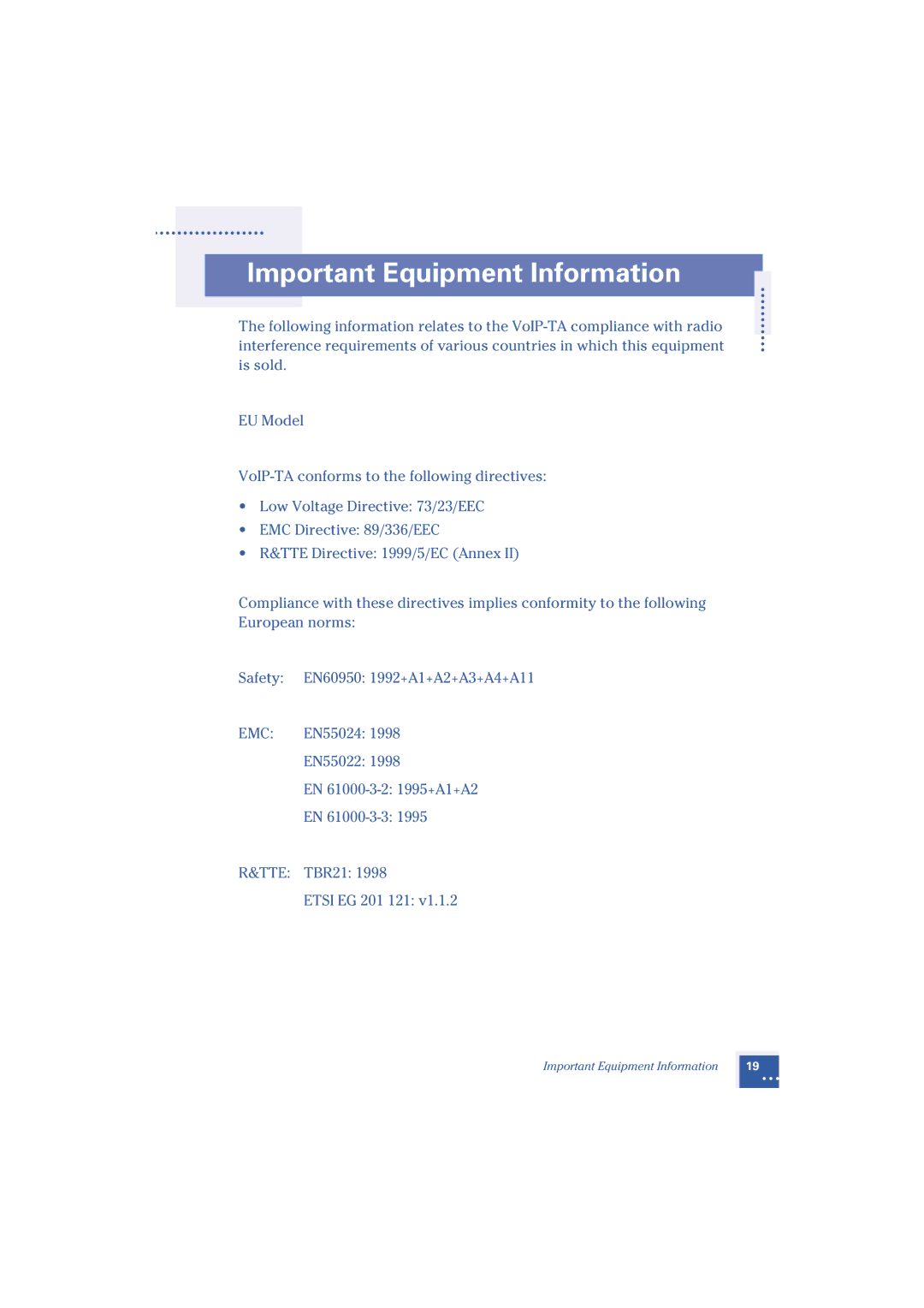 Oki Telephony Adapter manual Important Equipment Information 