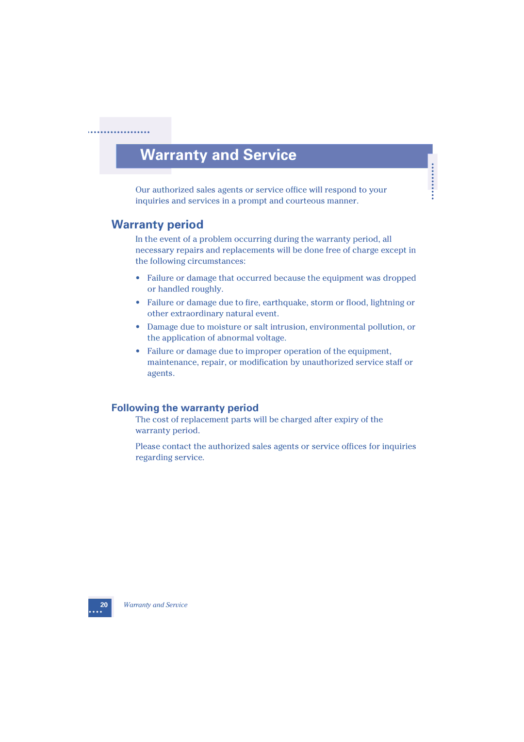 Oki Telephony Adapter manual Warranty and Service, Warranty period, Following the warranty period 