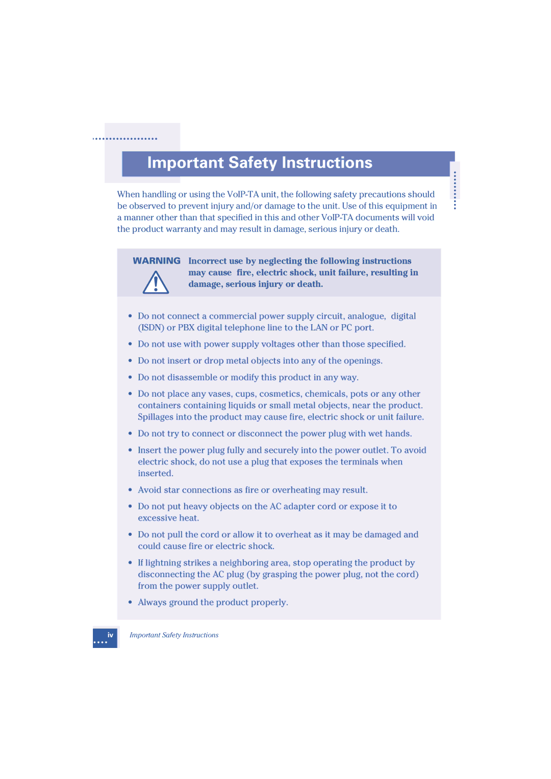 Oki Telephony Adapter manual Important Safety Instructions 