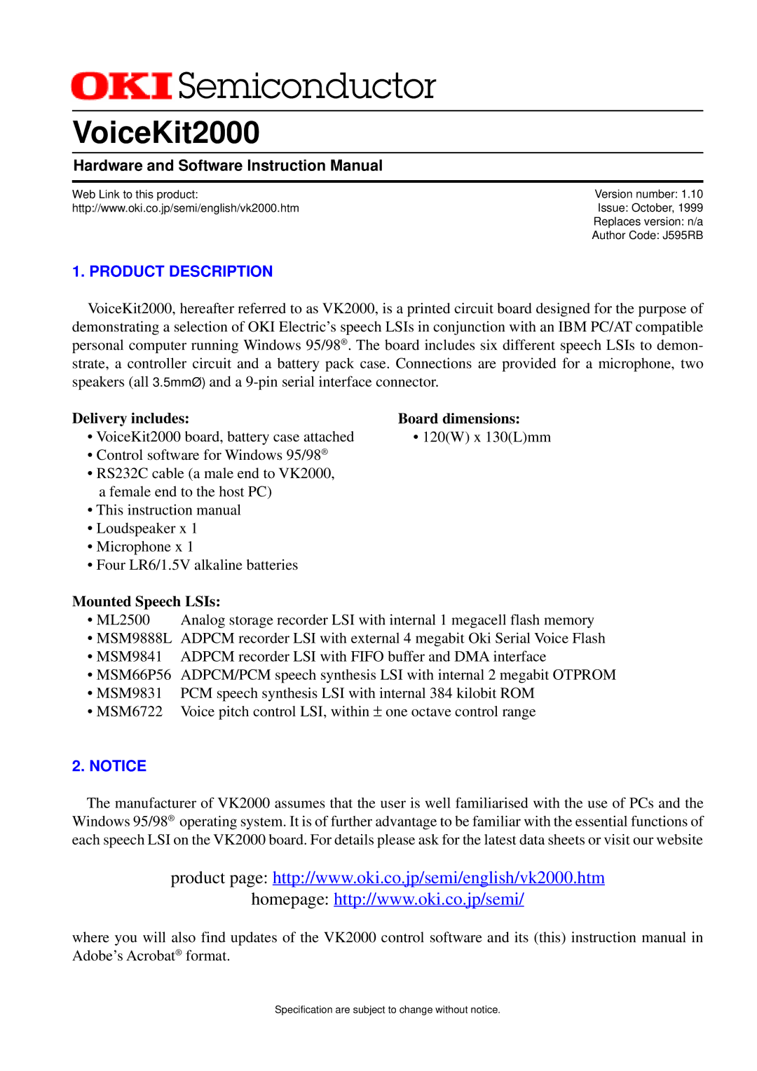 Oki VK2000 instruction manual Product Description, Delivery includes Board dimensions, Mounted Speech LSIs 