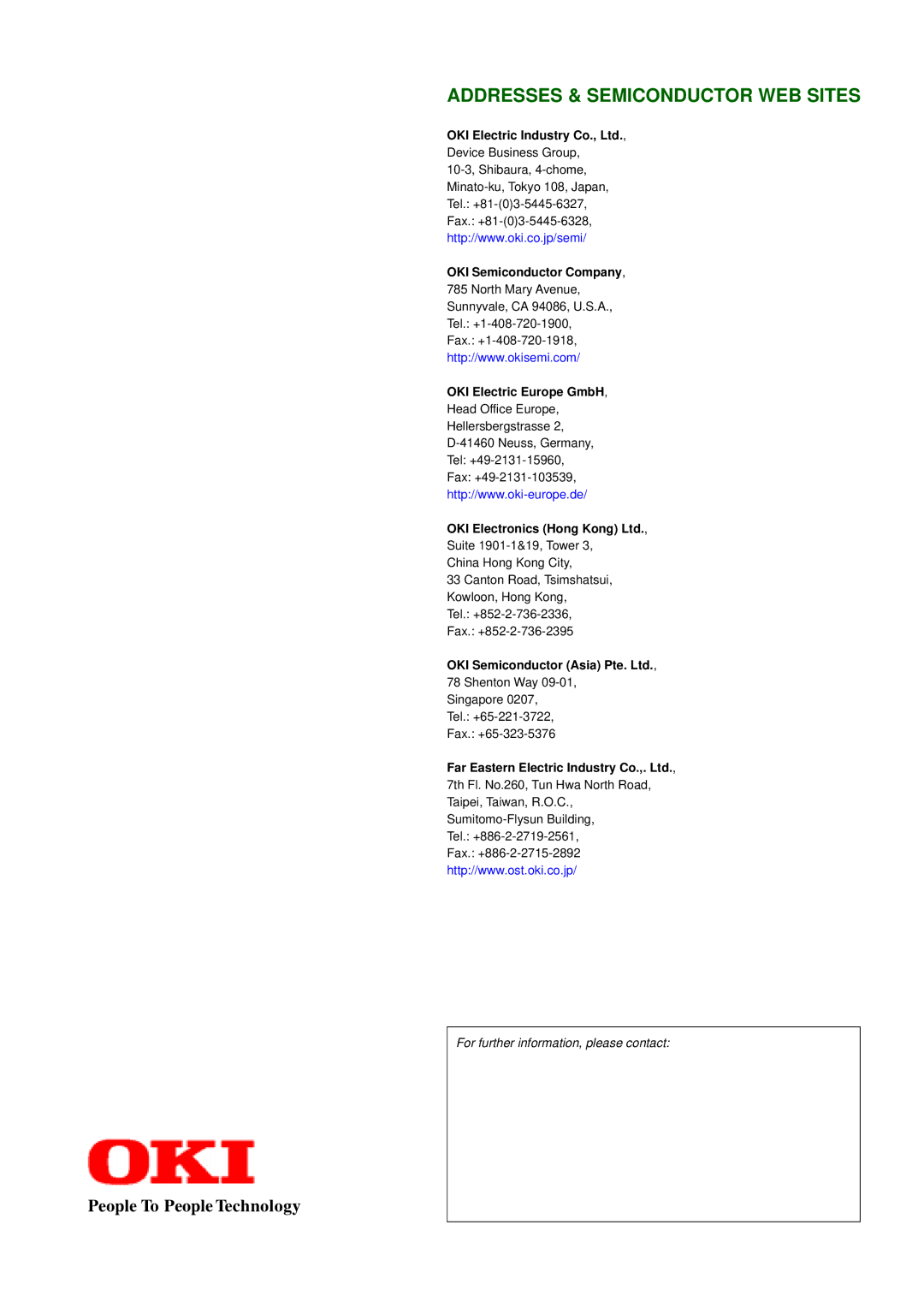 Oki VK2000 instruction manual Addresses & Semiconductor WEB Sites 