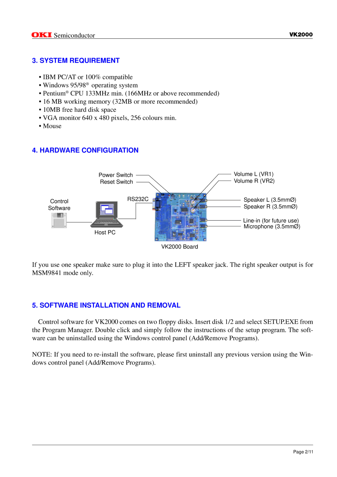 Oki VK2000 instruction manual Semiconductor, System Requirement, Hardware Configuration, Software Installation and Removal 