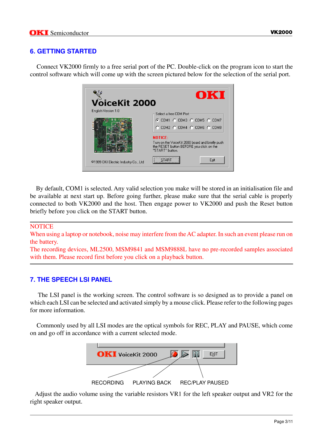 Oki VK2000 instruction manual Getting Started, Speech LSI Panel 