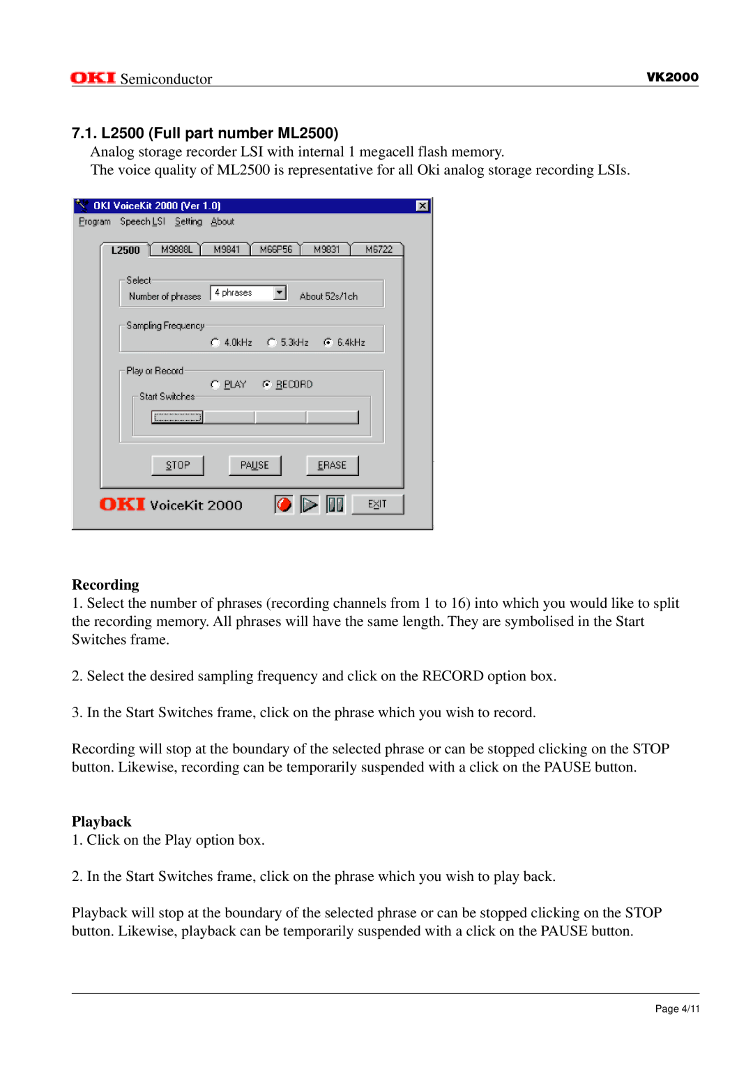 Oki VK2000 instruction manual L2500 Full part number ML2500, Recording, Playback 