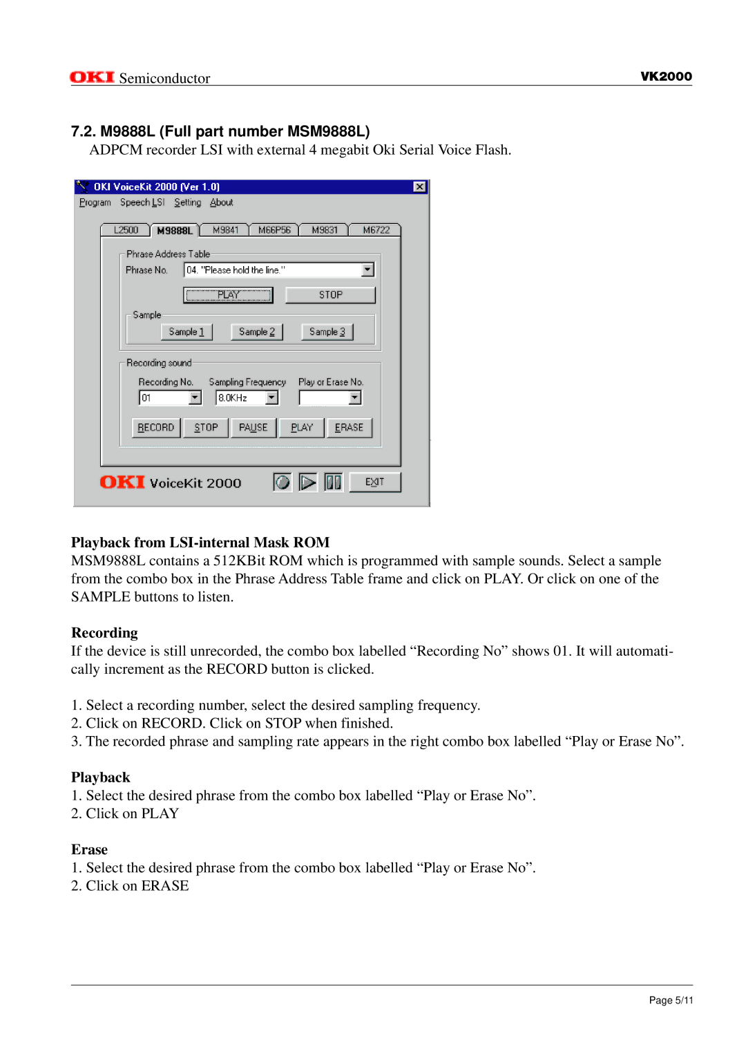 Oki VK2000 instruction manual M9888L Full part number MSM9888L, Playback from LSI-internal Mask ROM, Erase 