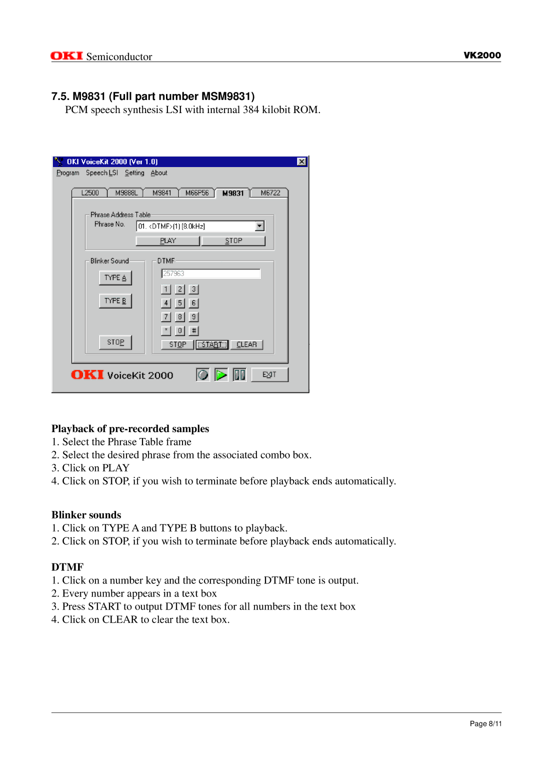 Oki VK2000 instruction manual M9831 Full part number MSM9831, Playback of pre-recorded samples, Blinker sounds 