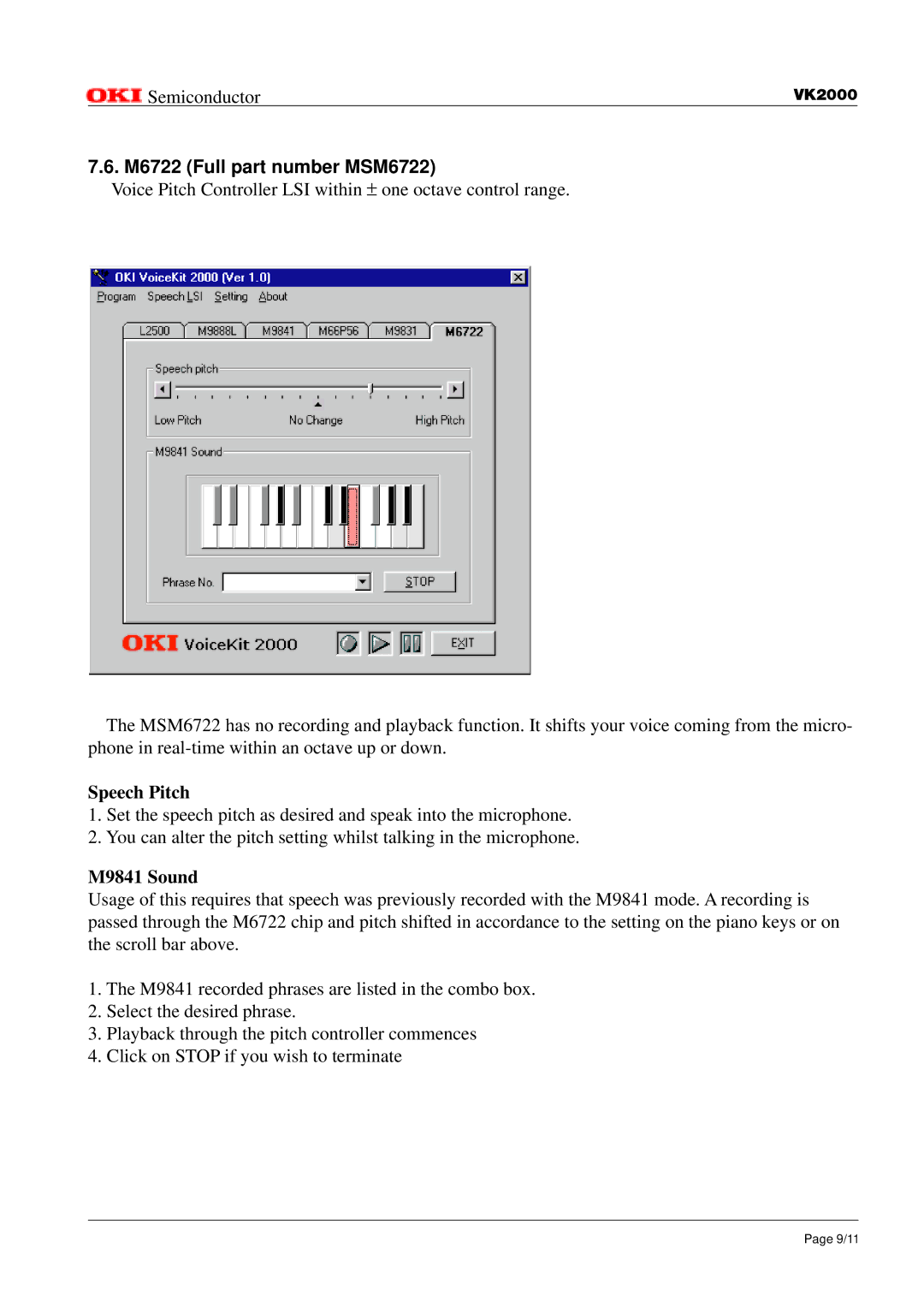 Oki VK2000 instruction manual M6722 Full part number MSM6722, Speech Pitch, M9841 Sound 