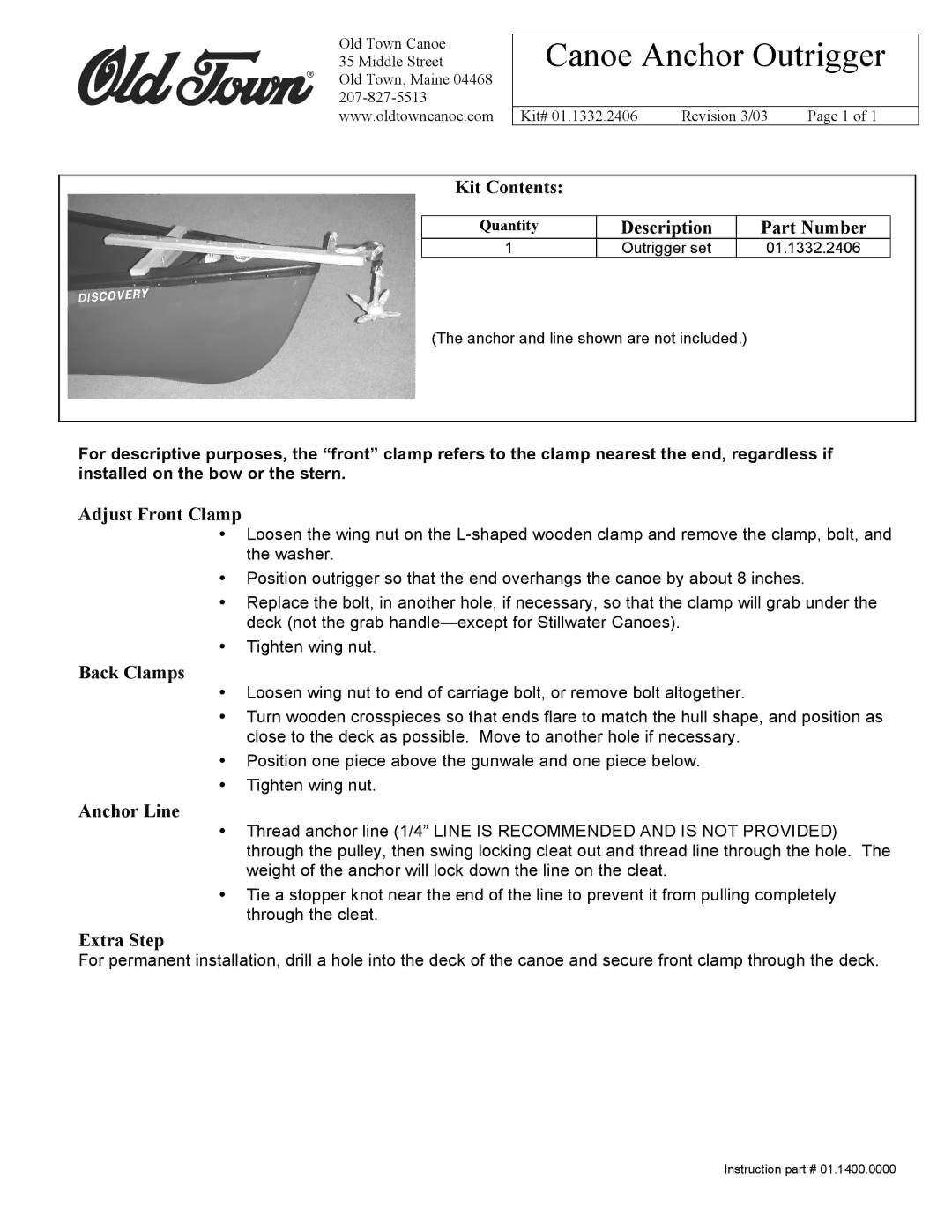 Old Town Canoe Co 01.1332.2406 manual Canoe Anchor Outrigger 