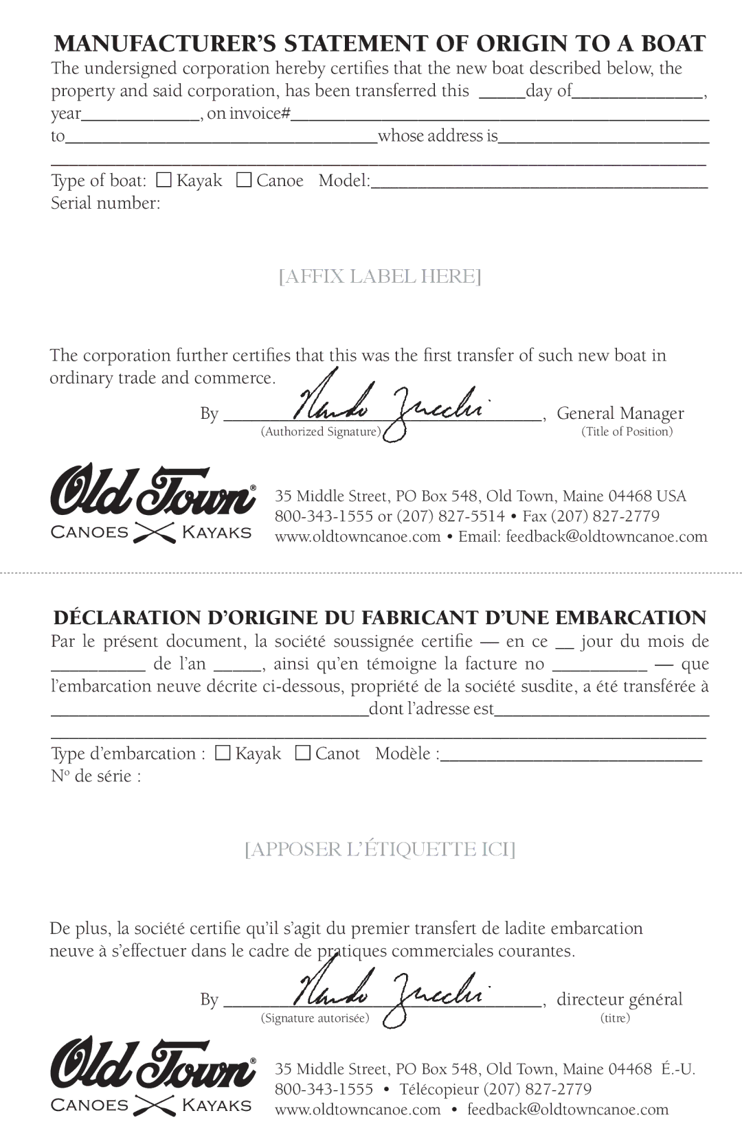 Old Town Canoe Co manual Type of boat n Kayak n Canoe Model Serial number 