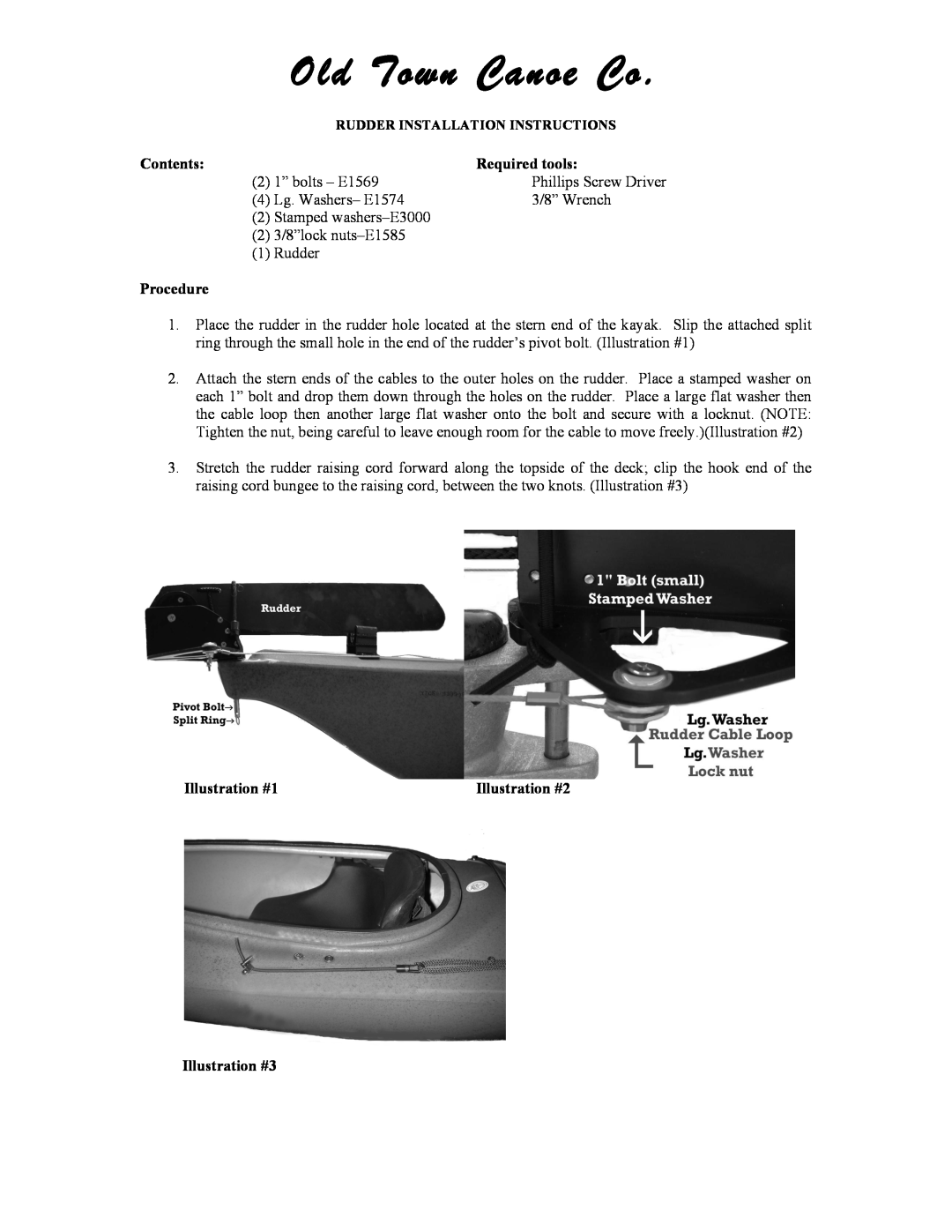 Old Town Canoe Co E3000 manual Old Town Canoe Co, Contents, Required tools, Procedure, Illustration #1, Illustration #2 