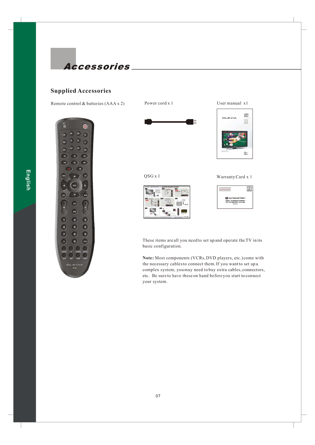 Olevia 242T FHD manual Supplied Accessories 