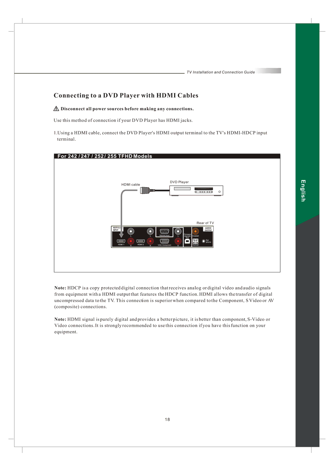 Olevia 242T FHD manual Connecting to a DVD Player with Hdmi Cables 