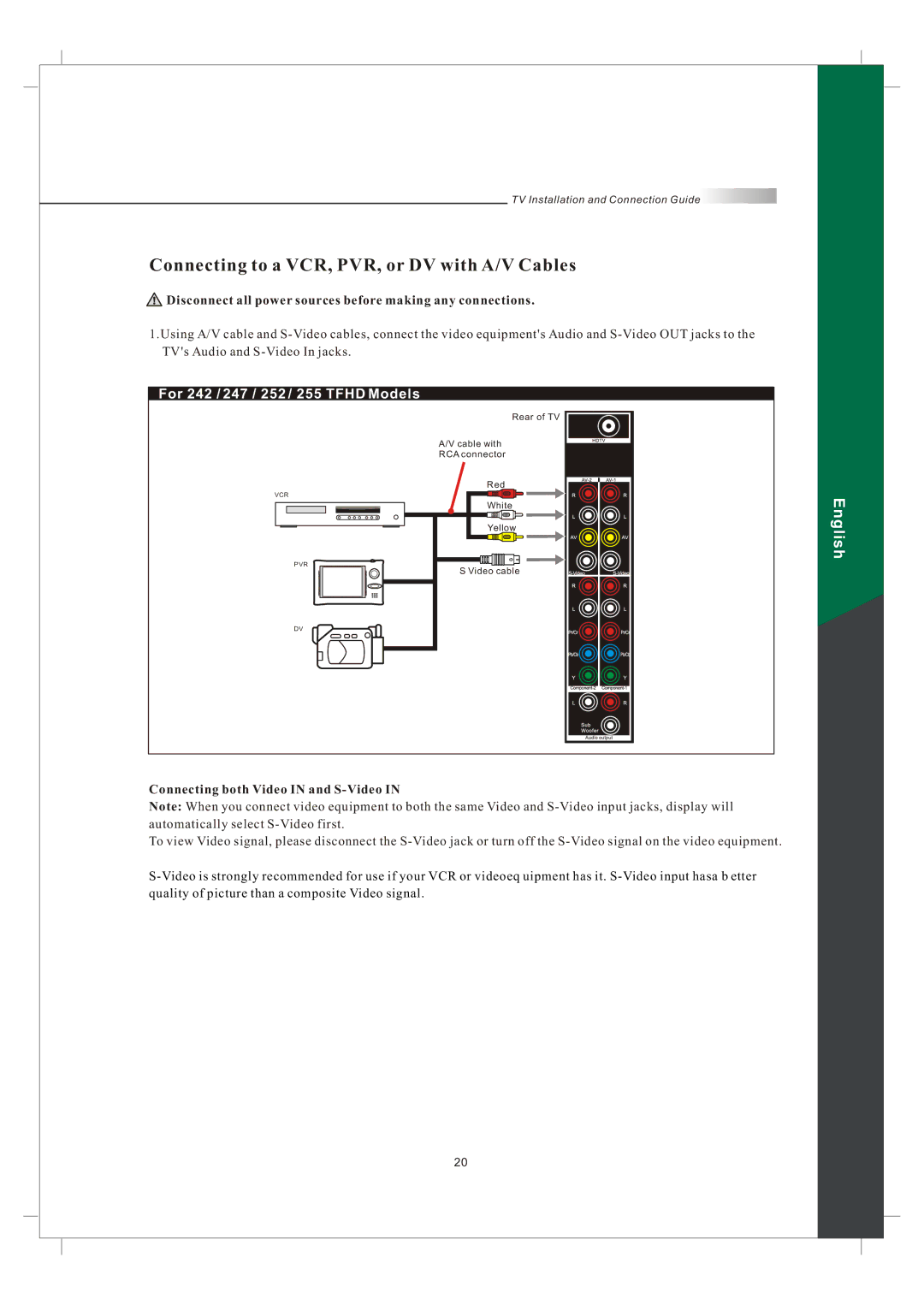 Olevia 242T FHD manual Connecting to a VCR, PVR, or DV with A/V Cables, Connecting both Video in and S-Video 