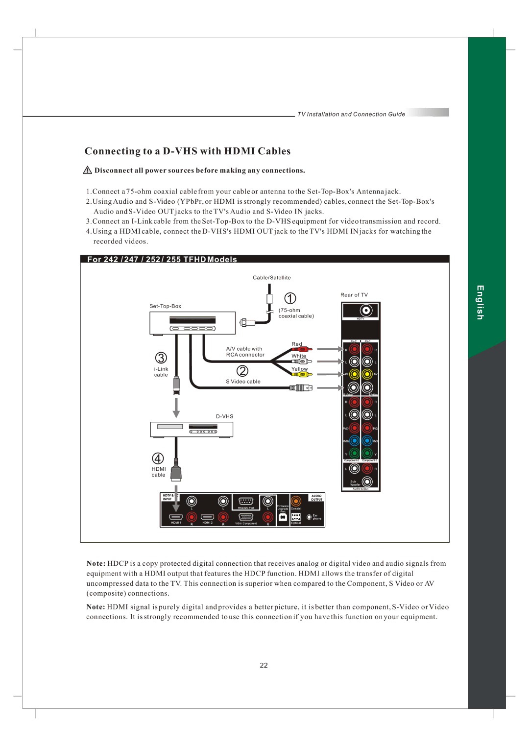 Olevia 242T FHD manual Connecting to a D-VHS with Hdmi Cables 