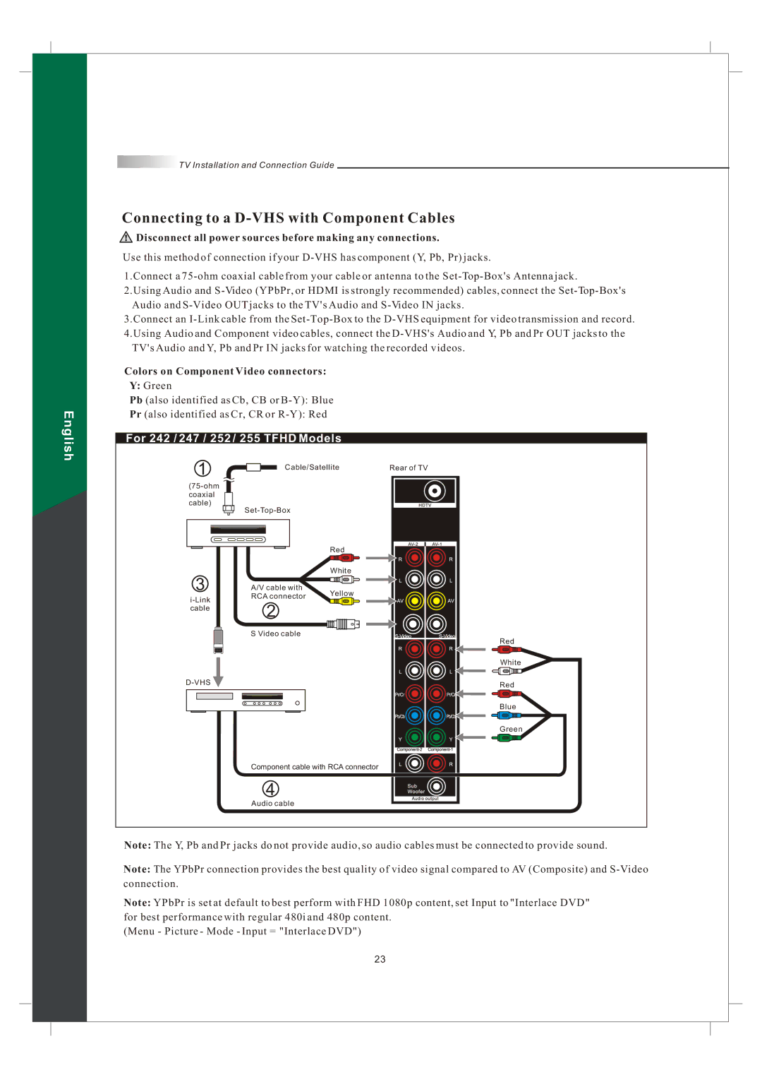 Olevia 242T FHD manual Connecting to a D-VHS with Component Cables 