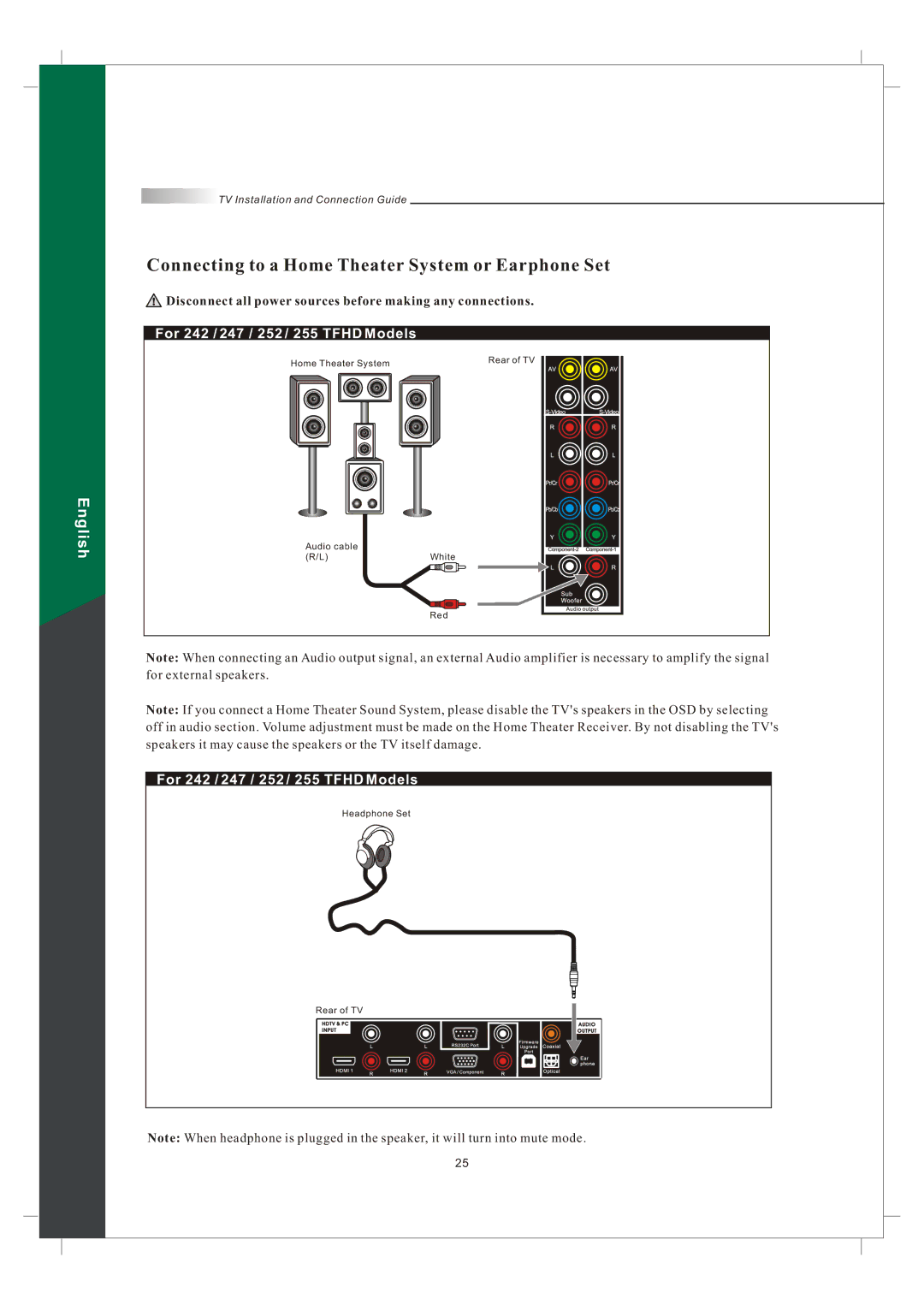 Olevia 242T FHD manual Connecting to a Home Theater System or Earphone Set 