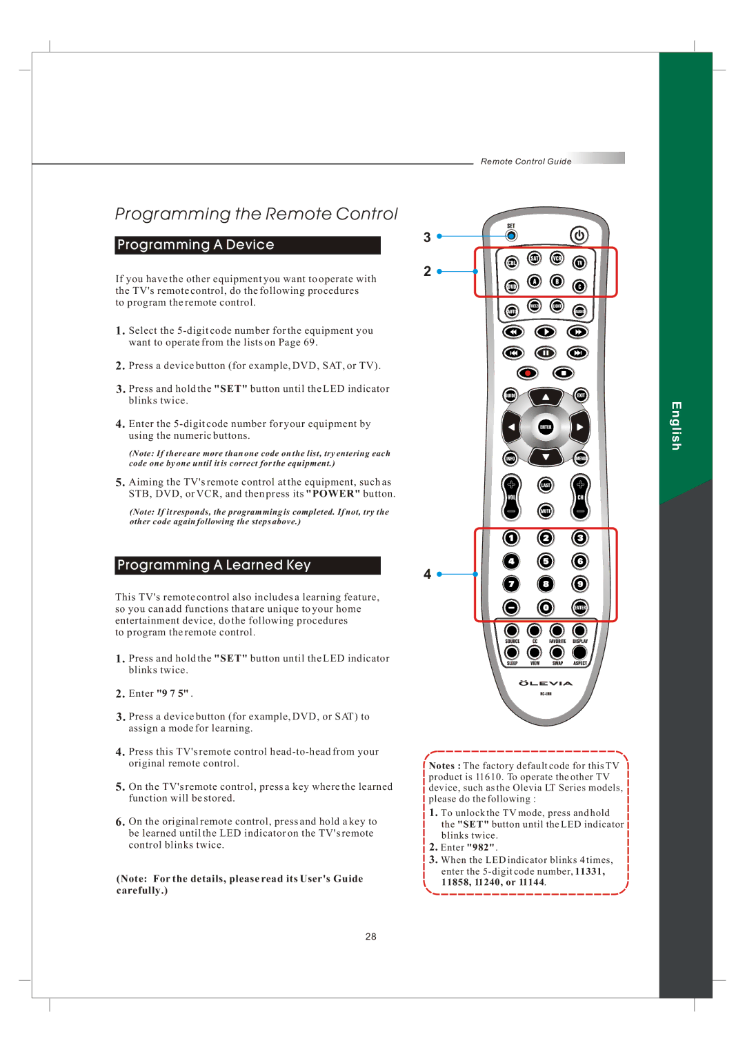 Olevia 242T FHD manual Programming the Remote Control 