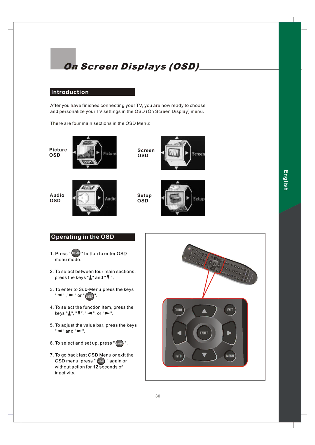 Olevia 242T FHD manual On Screen Displays OSD, Introduction, Operating in the OSD 