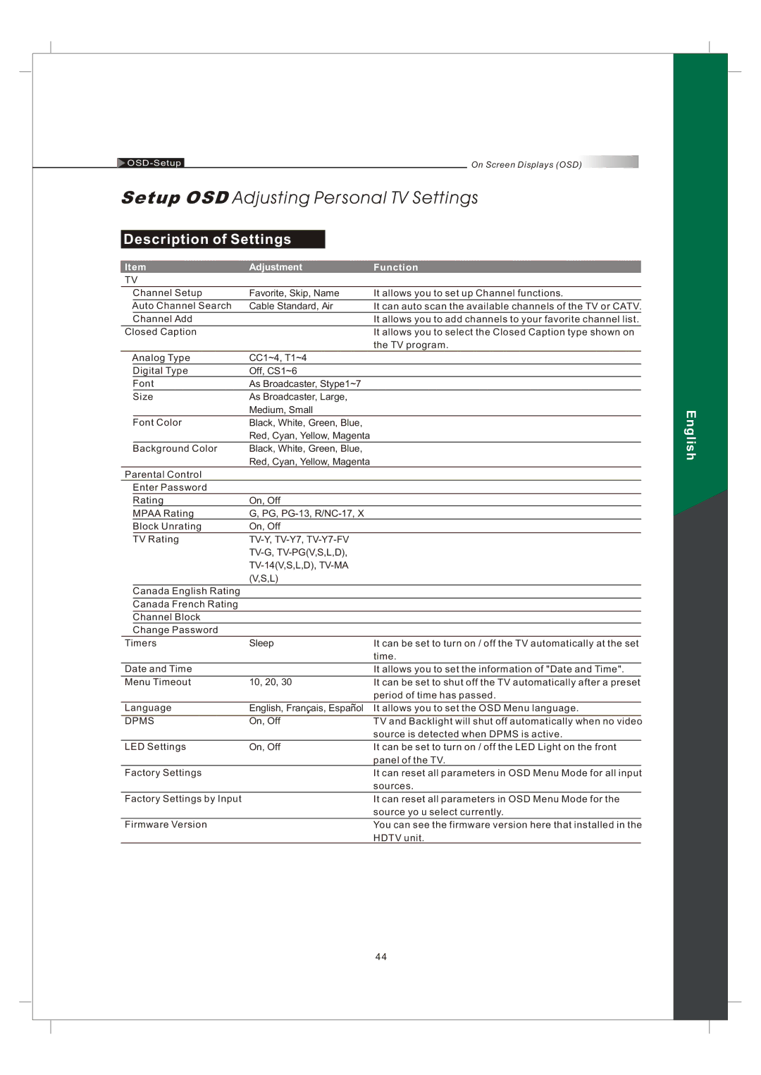 Olevia 242T FHD manual Setup OSD Adjusting Personal TV Settings 