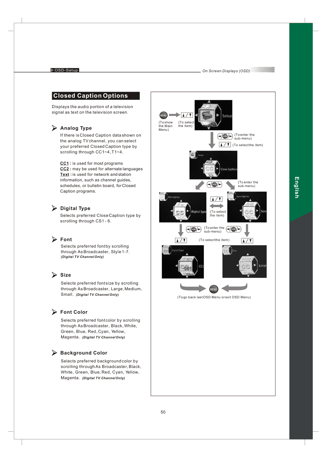 Olevia 242T FHD manual Closed Caption Options 