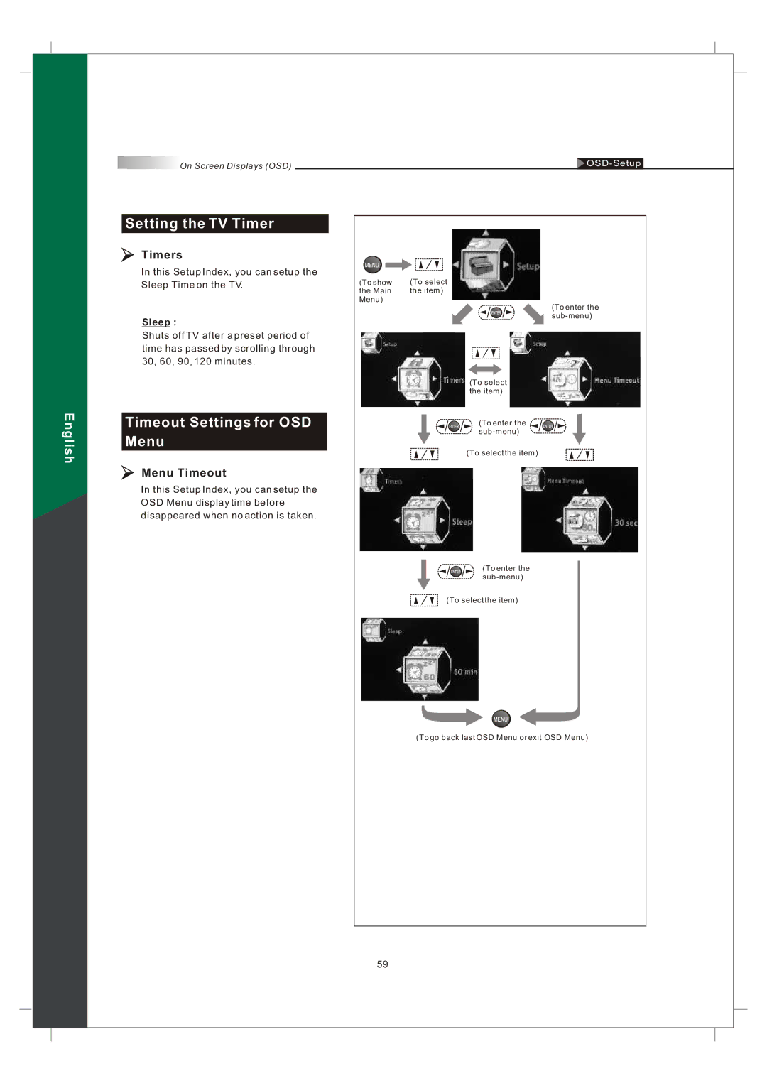 Olevia 242T FHD manual Setting the TV Timer, Timeout Settings for OSD Menu, Timers, Menu Timeout, Sleep 