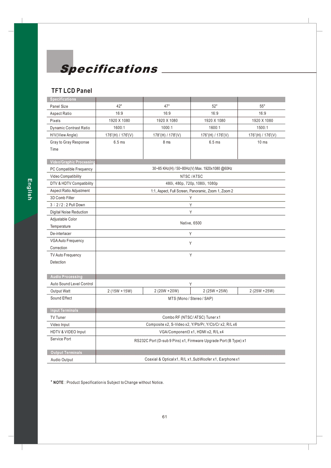 Olevia 242T FHD manual Specifications 